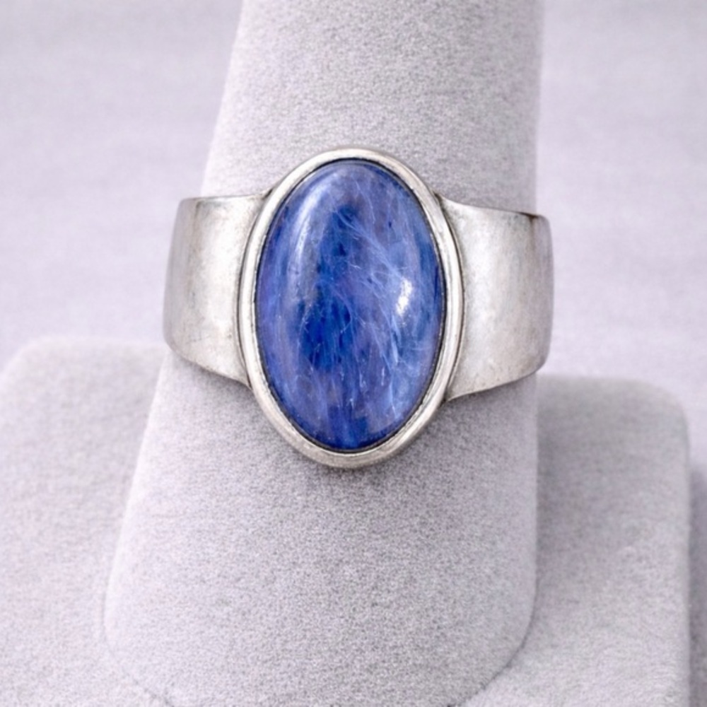 Kyanite Bezel Set Oval Statement Ring | 925 Silver Wide Tapered Band 7.25 #556